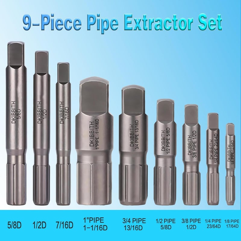DKIBBITH Pipe Extractor Set, 9-Piece Heavy Duty Steel Broken Pipe Extractors for Removing Damaged Threaded Pipes & Fittings from 1/8" to 1", with Durable Storage Case, Ideal Tools for Plumbers Mechanics DIY - Image 2